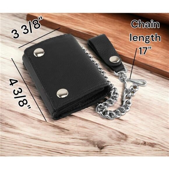 RFID Blocking Men's Tri-fold Vintage Biker Cowhide Leather Steel Chain Wallet - Picture 2 of 8